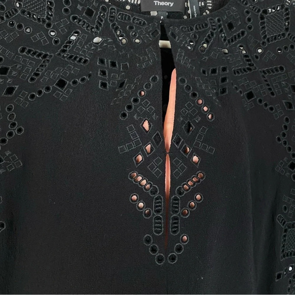 Theory Eyelet Top Blouse Womens Small Black Embroidered Shirt Tunic Short Sleeve - Picture 7 of 13